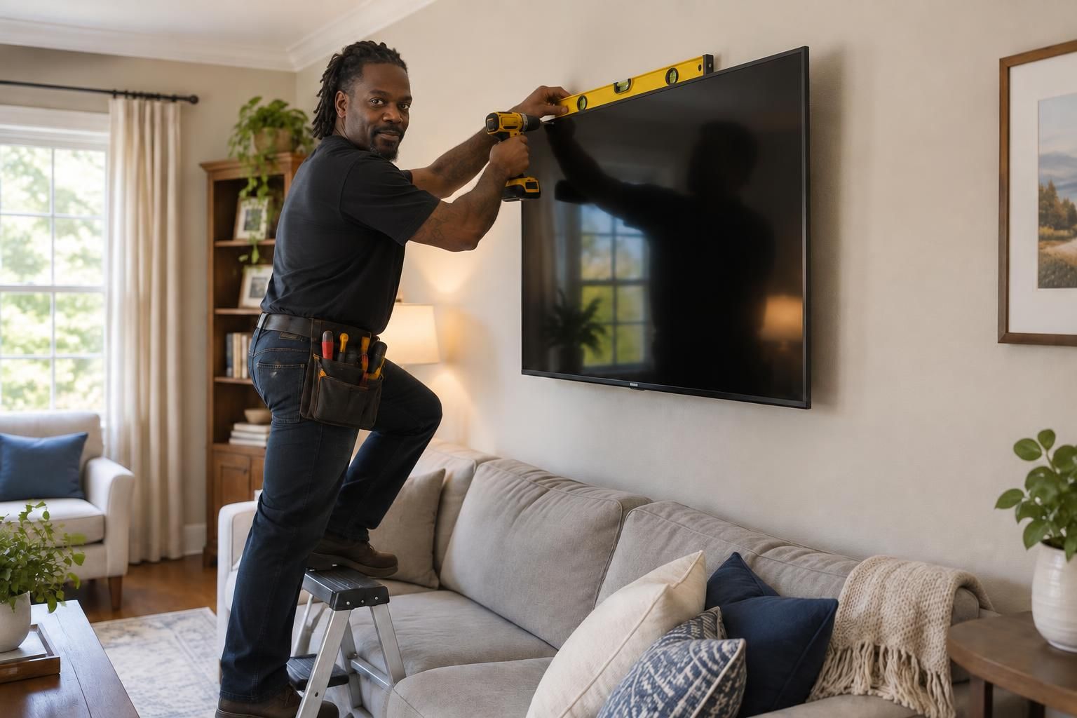 Meech mounting a flat-screen TV on a living-room wall