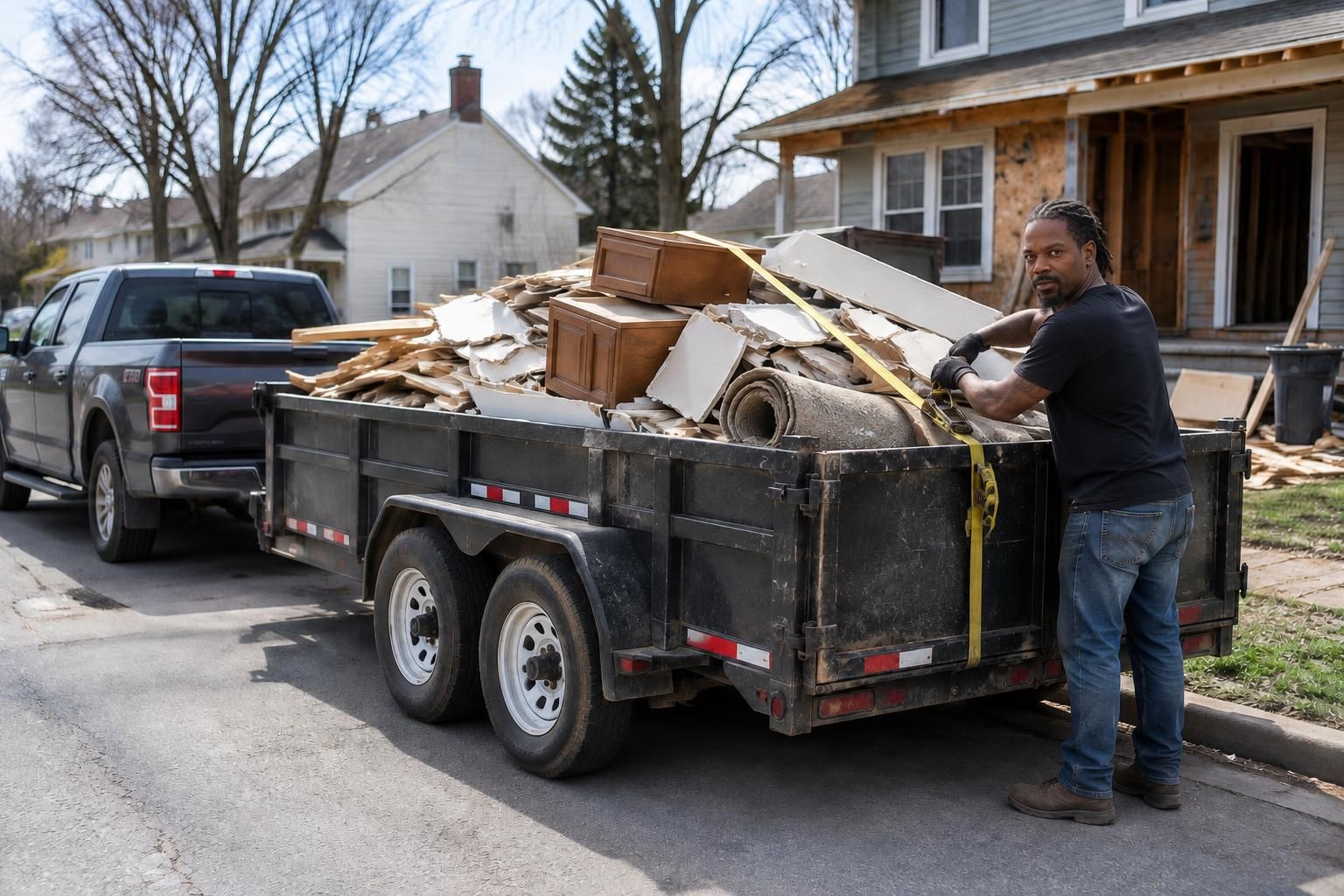 Meech strapping down a loaded trailer before it leaves the job