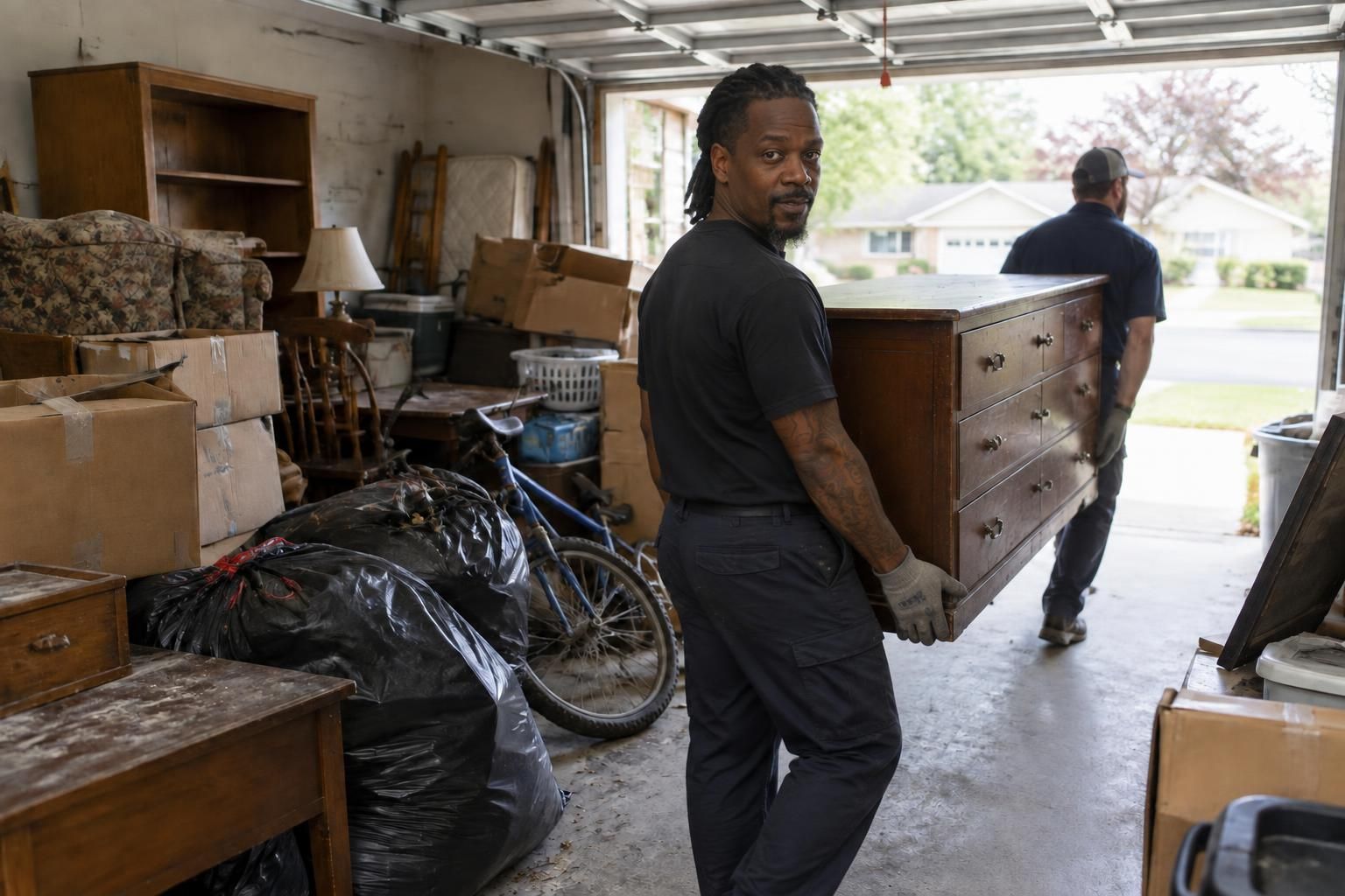 Meech carrying an old dresser out of a garage on a junk removal job