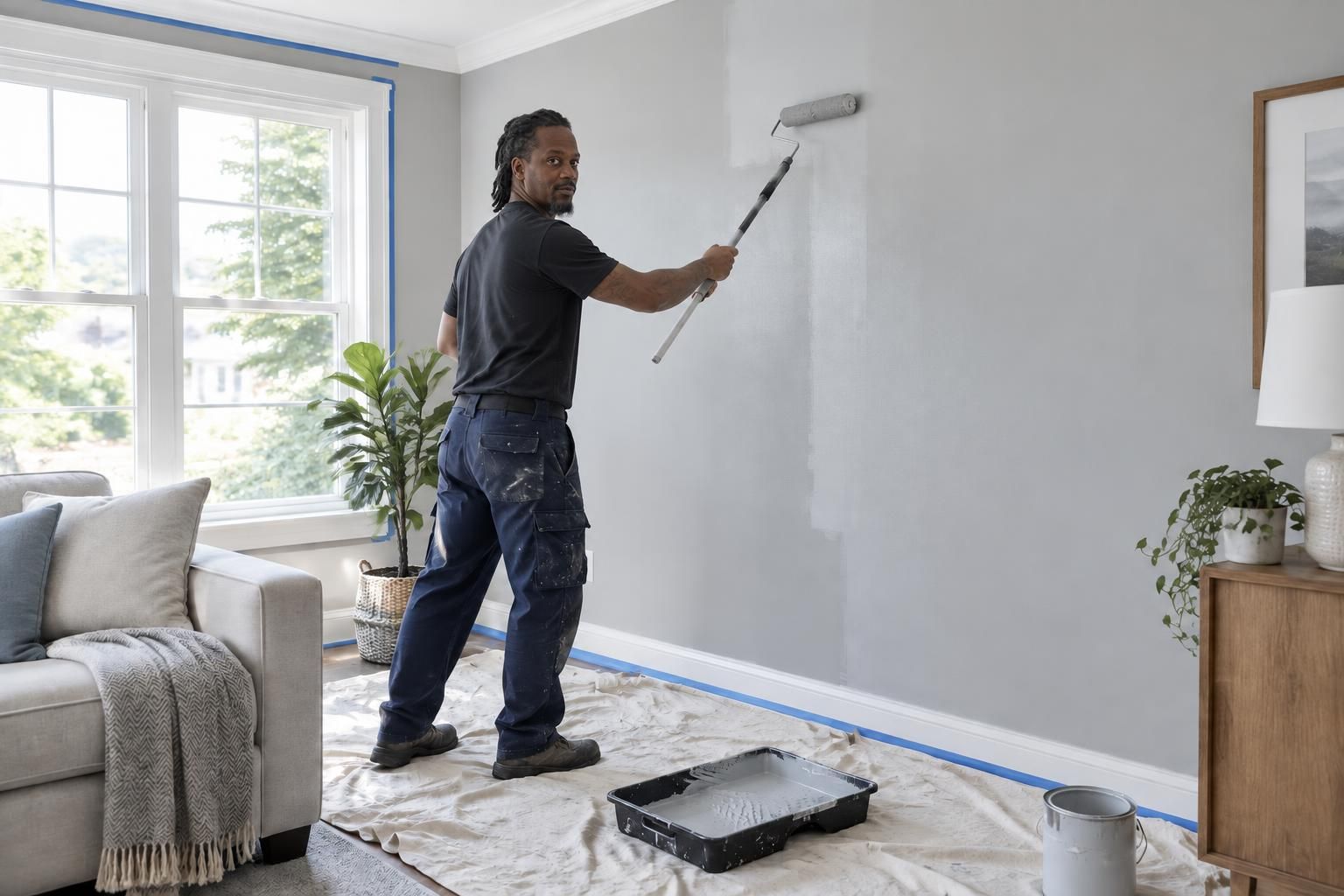 Meech rolling fresh paint onto a living-room wall